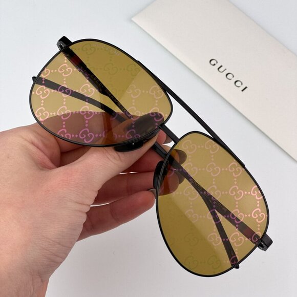 Gucci GG1677S 005 BRAND NEW Sunglasses Black Yellow Mirror Logo Pilot Unisex - Picture 1 of 10